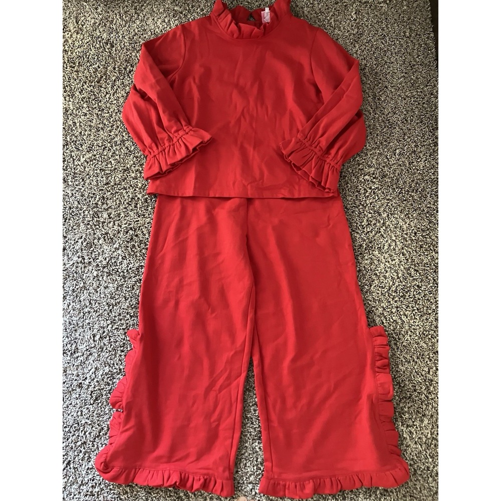 Elizabeth Wilson Designs Red Whimsical Ruffle Trim Sweat Suit Set Read RE Size